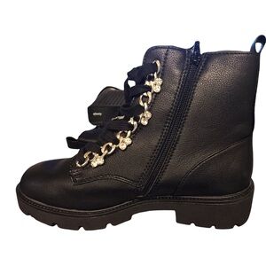 Black Leather Ankle Boots with Chain Detail